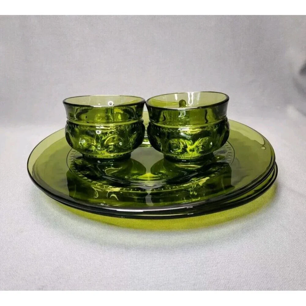Snack Plates & Cups Indiana Glass King's Crown Thumbprint Avocado Green Vintage - Picture 5 of 8